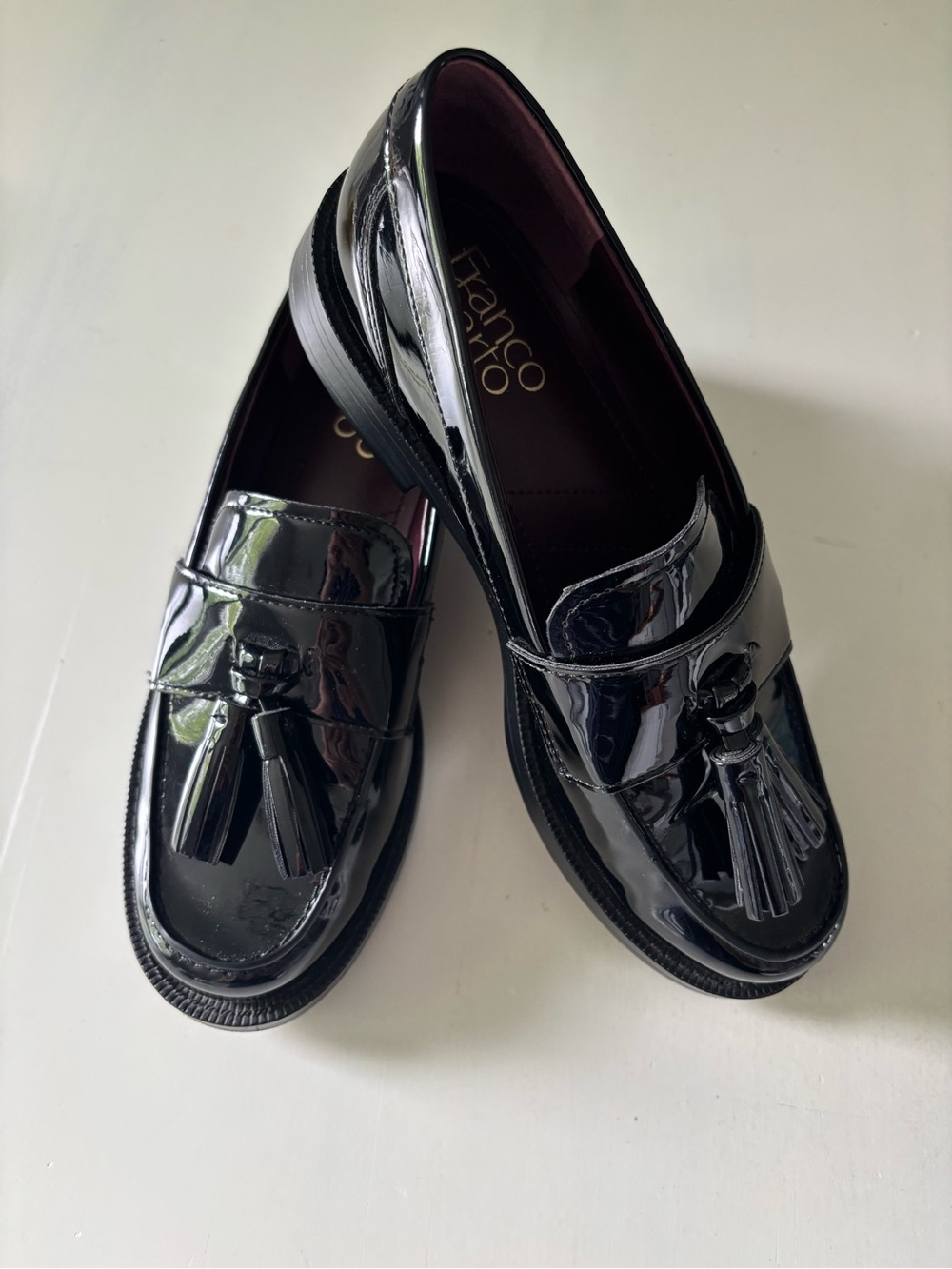 Franco Sarto Glossy Black Tassel Loafers